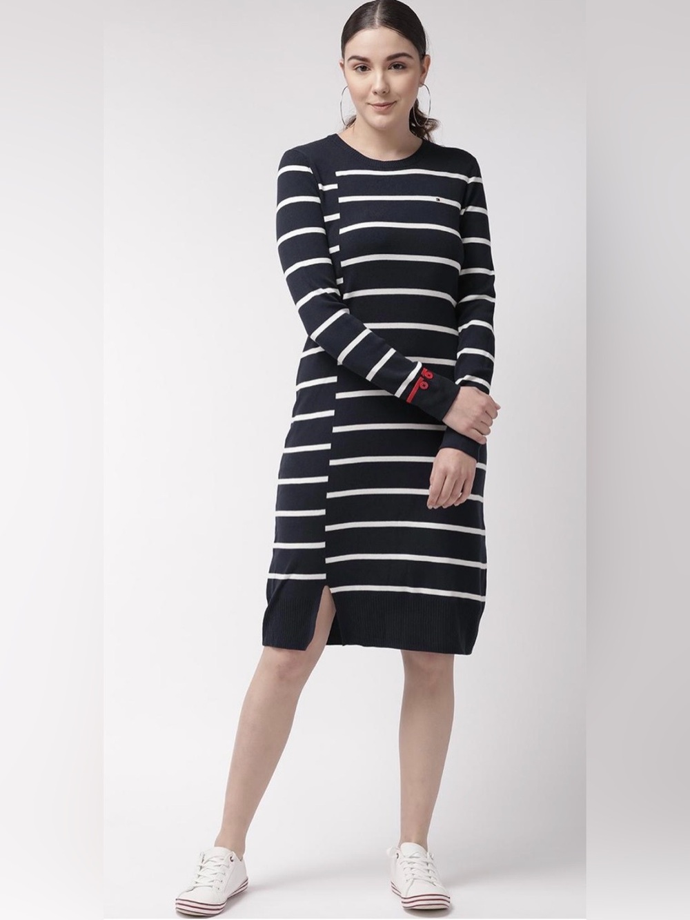 Tommy Hilfiger Navy and White Striped Long-Sleeve Knit Dress